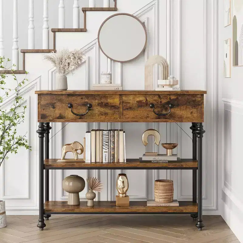 Console avec 2 tiroirs et étagères de rangement, Gris / Couleur Rétro