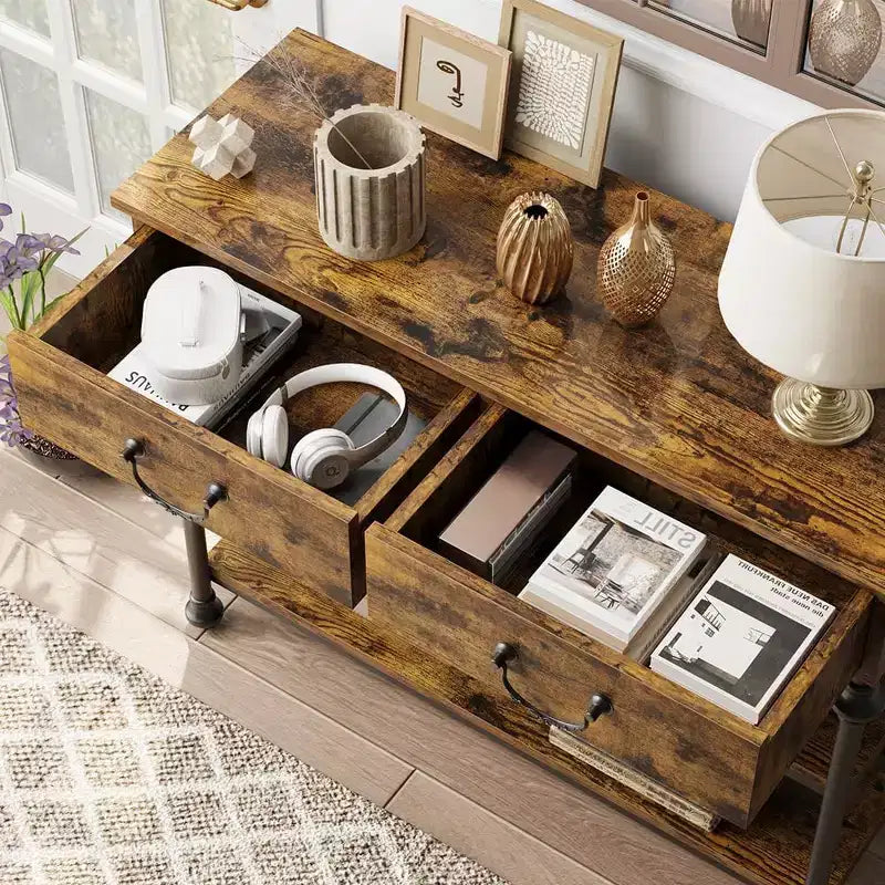 Console avec 2 tiroirs et étagères de rangement, Gris / Couleur Rétro