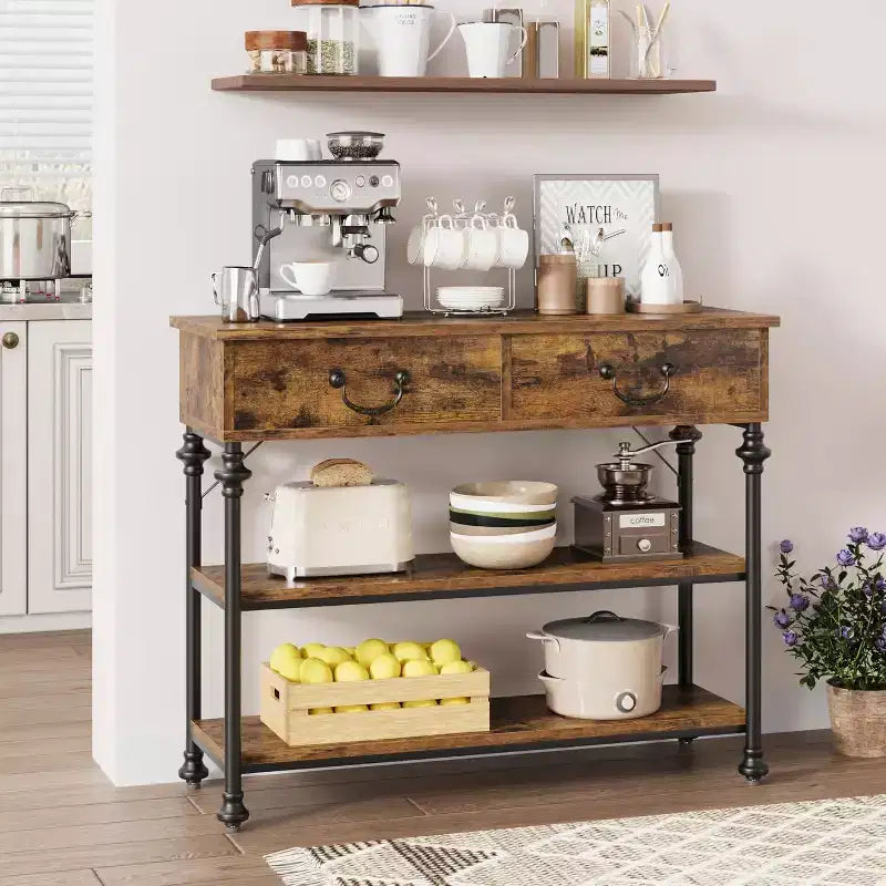 Console avec 2 tiroirs et étagères de rangement, Gris / Couleur Rétro