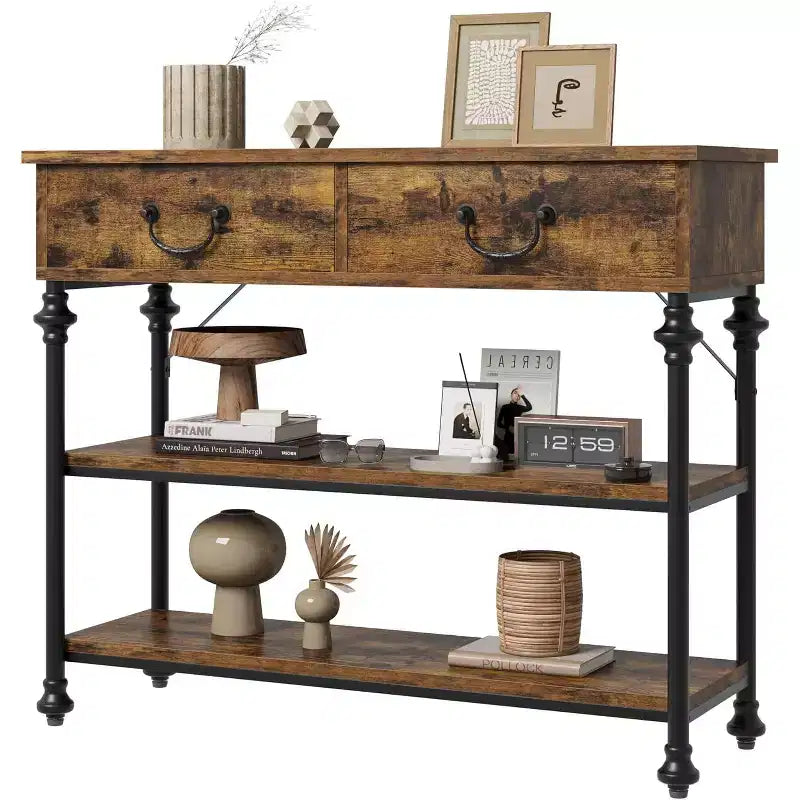 Console avec 2 tiroirs et étagères de rangement, Gris / Couleur Rétro