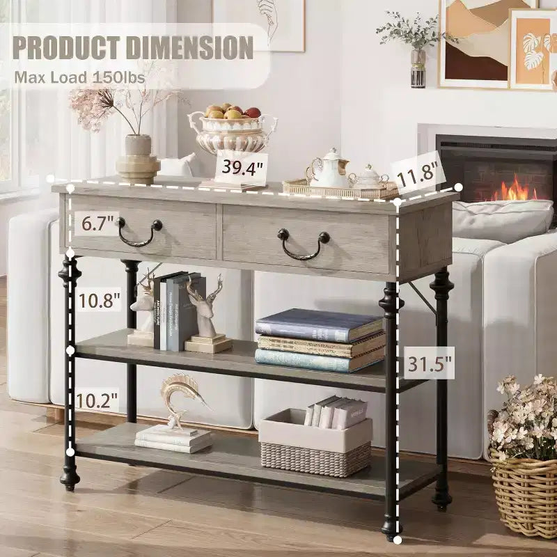 Console avec 2 tiroirs et étagères de rangement, Gris / Couleur Rétro