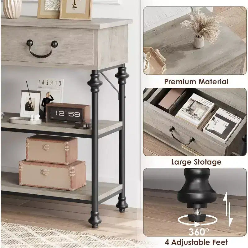Console avec 2 tiroirs et étagères de rangement, Gris / Couleur Rétro