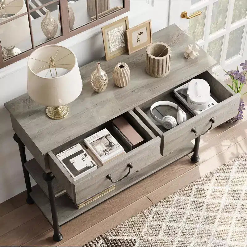 Console avec 2 tiroirs et étagères de rangement, Gris / Couleur Rétro