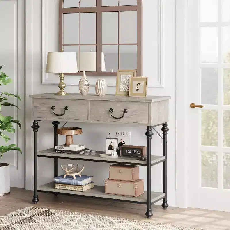 Console avec 2 tiroirs et étagères de rangement, Gris / Couleur Rétro