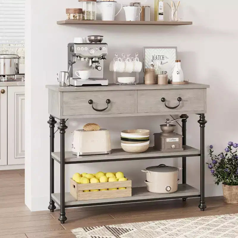 Console avec 2 tiroirs et étagères de rangement, Gris / Couleur Rétro
