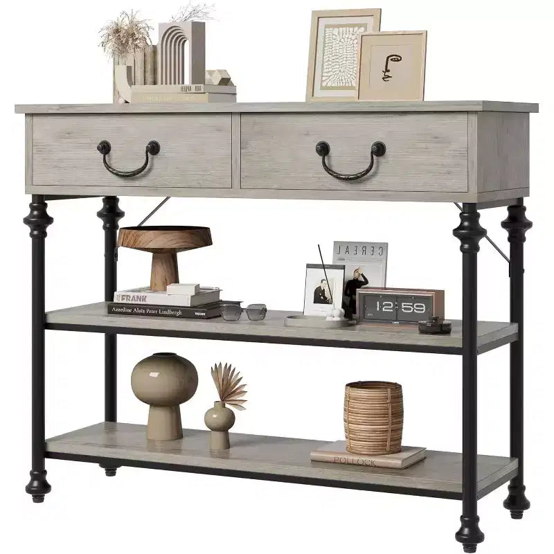 Console avec 2 tiroirs et étagères de rangement, Gris / Couleur Rétro