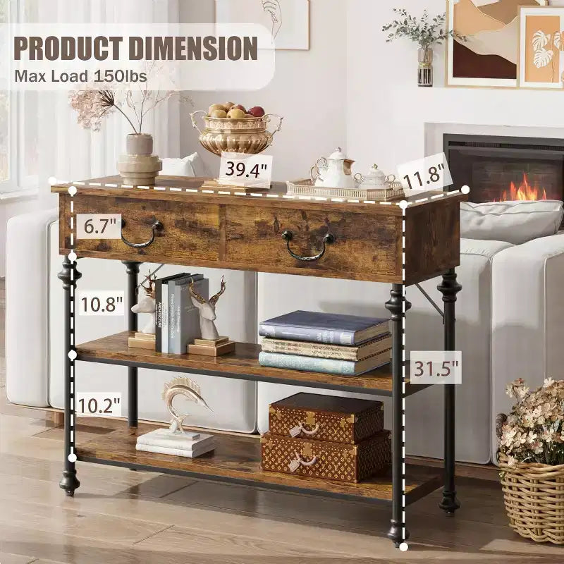 Console avec 2 tiroirs et étagères de rangement, Gris / Couleur Rétro