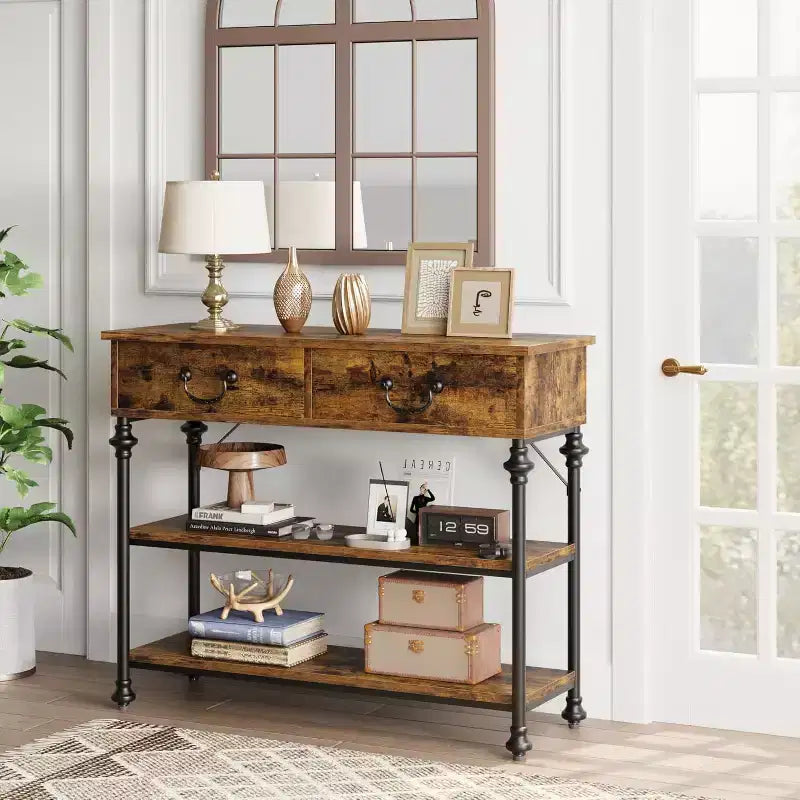 Console avec 2 tiroirs et étagères de rangement, Gris / Couleur Rétro