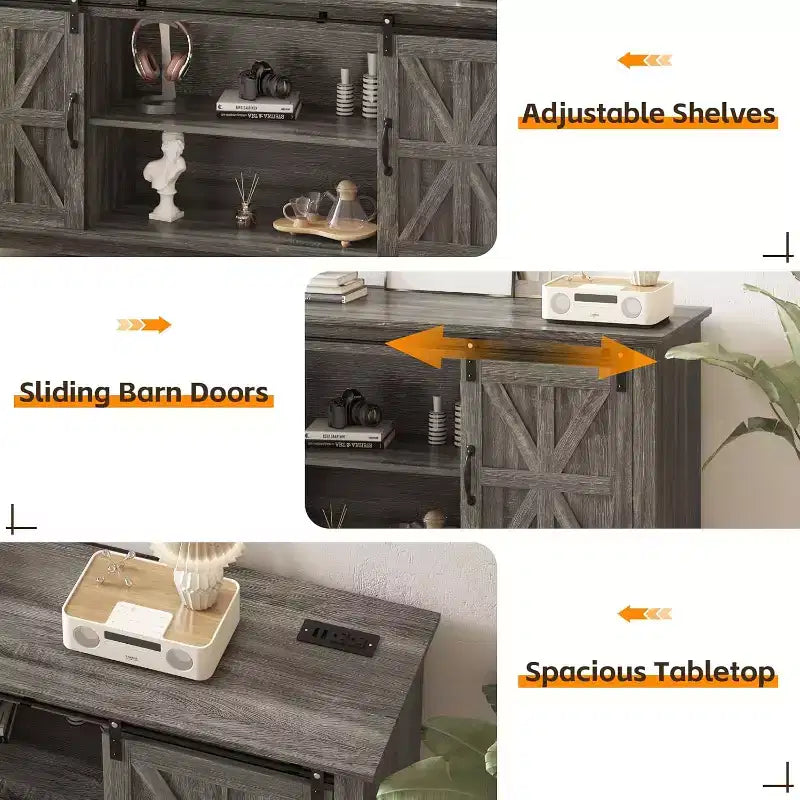Meuble TV de ferme pour salon ou chambre à coucher de 168 cm, grand meuble TV avec étagères de rangement, meuble console multimédia avec porte coulissante de style grange