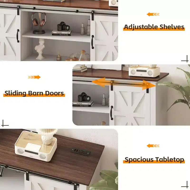 Meuble TV de ferme pour salon ou chambre à coucher de 168 cm, grand meuble TV avec étagères de rangement, meuble console multimédia avec porte coulissante de style grange