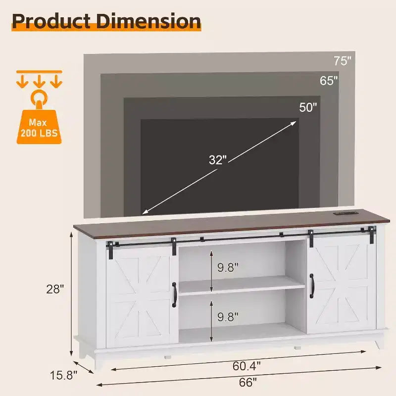 Meuble TV de ferme pour salon ou chambre à coucher de 168 cm, grand meuble TV avec étagères de rangement, meuble console multimédia avec porte coulissante de style grange
