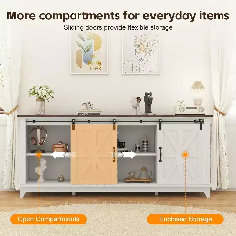 Meuble TV de ferme pour salon ou chambre à coucher de 168 cm, grand meuble TV avec étagères de rangement, meuble console multimédia avec porte coulissante de style grange