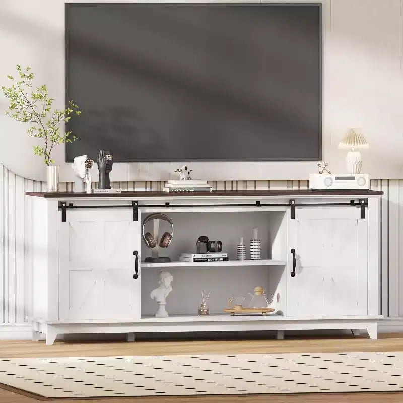 Meuble TV de ferme pour salon ou chambre à coucher de 168 cm, grand meuble TV avec étagères de rangement, meuble console multimédia avec porte coulissante de style grange