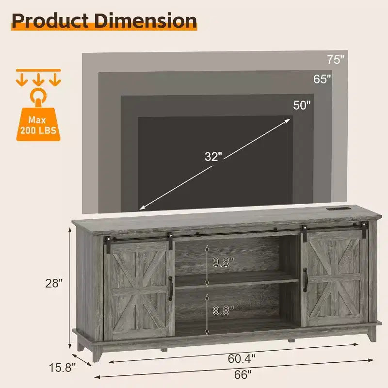 Meuble TV de ferme pour salon ou chambre à coucher de 168 cm, grand meuble TV avec étagères de rangement, meuble console multimédia avec porte coulissante de style grange