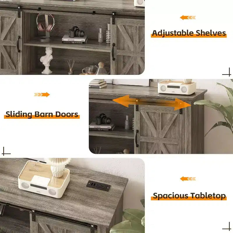 Meuble TV de ferme pour salon ou chambre à coucher de 168 cm, grand meuble TV avec étagères de rangement, meuble console multimédia avec porte coulissante de style grange