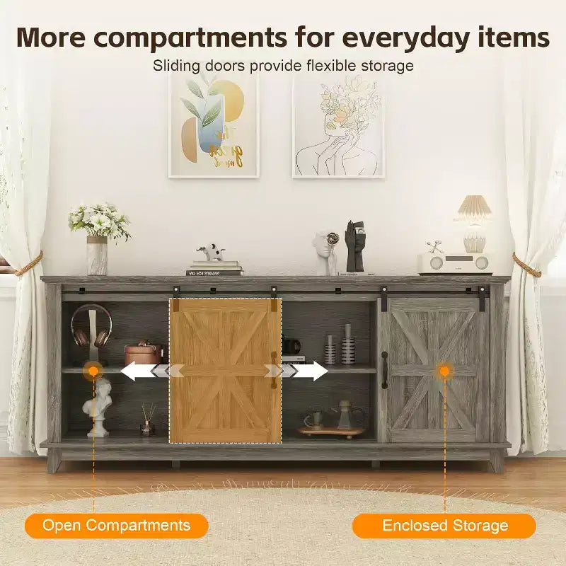 Meuble TV de ferme pour salon ou chambre à coucher de 168 cm, grand meuble TV avec étagères de rangement, meuble console multimédia avec porte coulissante de style grange