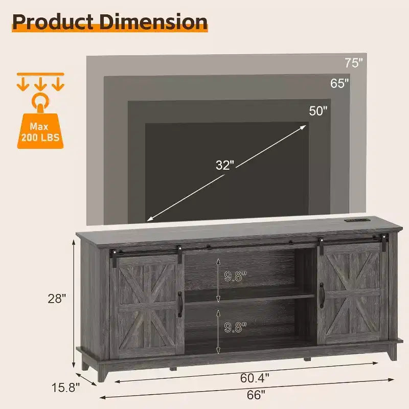 Meuble TV de ferme pour salon ou chambre à coucher de 168 cm, grand meuble TV avec étagères de rangement, meuble console multimédia avec porte coulissante de style grange