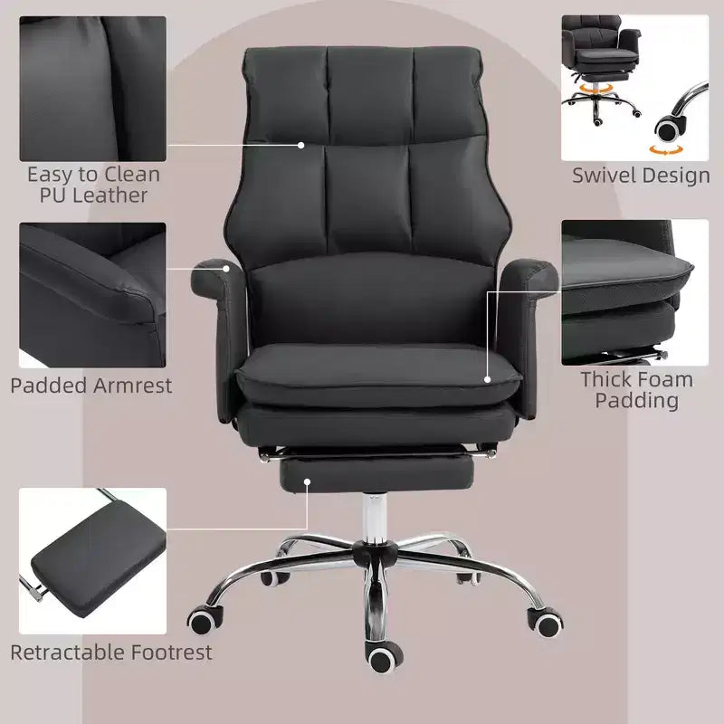 Fauteuil de bureau exécutif avec repose-pieds pliable, chaise pivotante à 360° avec hauteur réglable, chaise criss-cross pour l'étude et le bureau