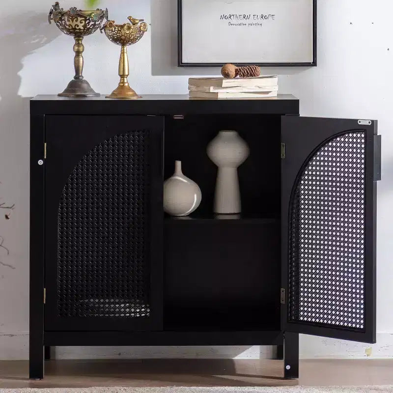 Buffet de rangement en rotin style Mid-Century avec étagères réglables
