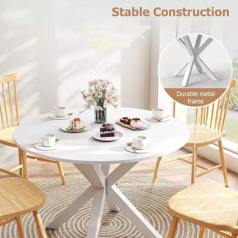 Table à manger ronde, table de salle à manger de cuisine de 107 cm pour 4-6 personnes, petite table de cuisine ronde avec pieds croisés en métal, pour cuisine, appartement, salon, blanc