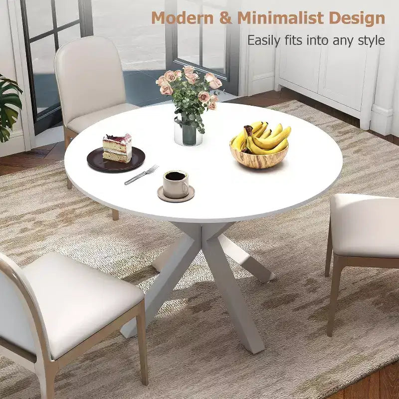 Table à manger ronde, table de salle à manger de cuisine de 107 cm pour 4-6 personnes, petite table de cuisine ronde avec pieds croisés en métal, pour cuisine, appartement, salon, blanc
