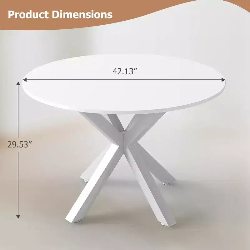 Table à manger ronde, table de salle à manger de cuisine de 107 cm pour 4-6 personnes, petite table de cuisine ronde avec pieds croisés en métal, pour cuisine, appartement, salon, blanc
