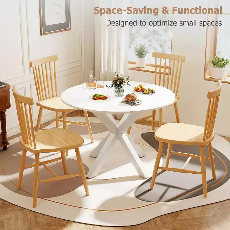 Table à manger ronde, table de salle à manger de cuisine de 107 cm pour 4-6 personnes, petite table de cuisine ronde avec pieds croisés en métal, pour cuisine, appartement, salon, blanc