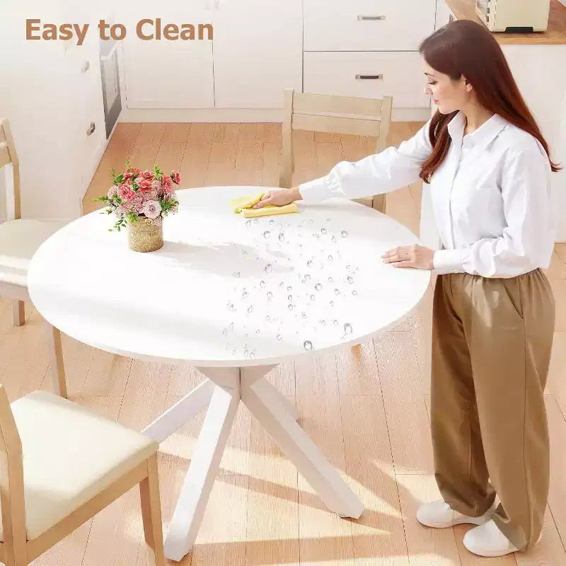 Table à manger ronde, table de salle à manger de cuisine de 107 cm pour 4-6 personnes, petite table de cuisine ronde avec pieds croisés en métal, pour cuisine, appartement, salon, blanc