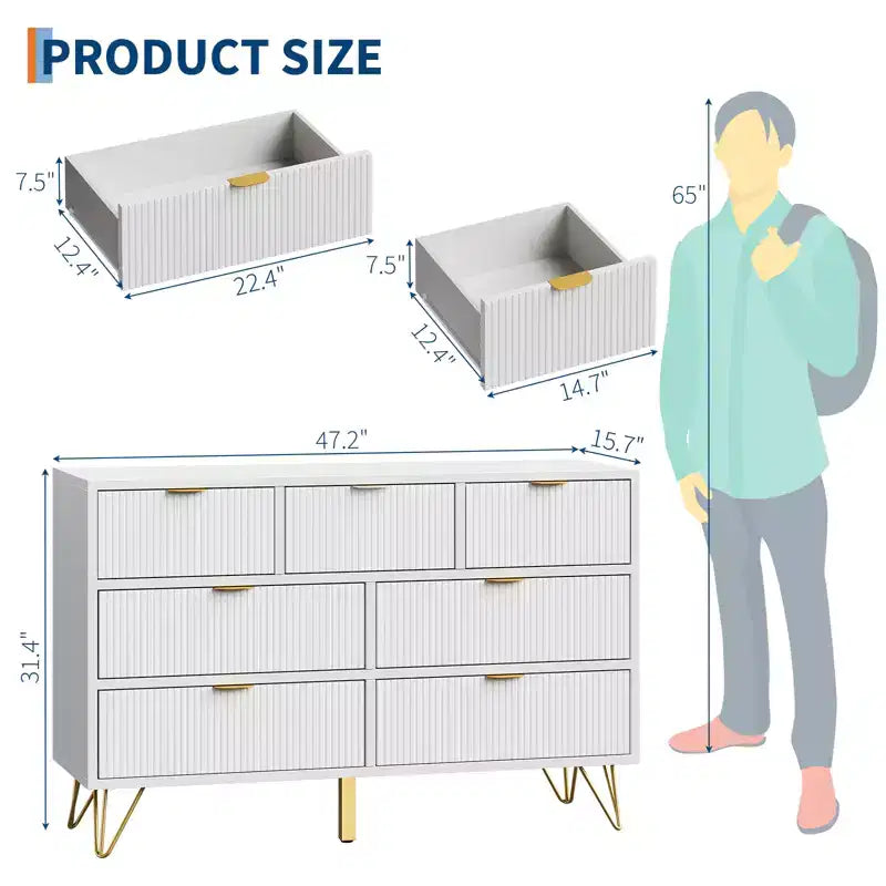 Commode moderne pour chambre à coucher, commode 7 tiroirs, commode blanche, commode en bois avec pieds et poignées en métal doré, meuble TV étroit pour entrée