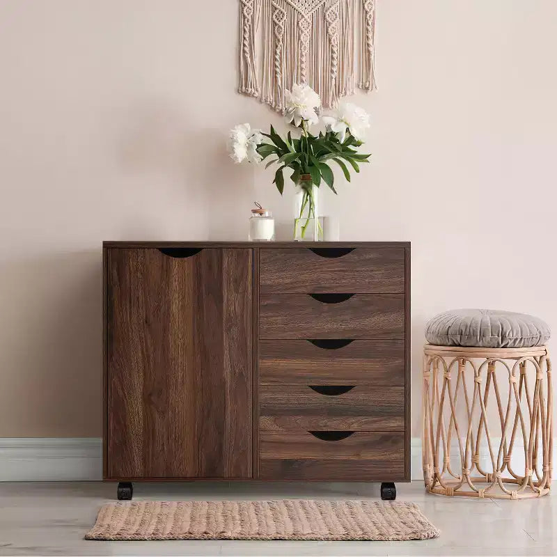 Meuble de rangement de bureau à 5 tiroirs avec étagères et tiroirs mobiles