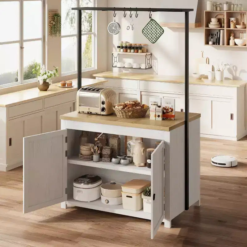 42 îlot de cuisine noir et naturel avec rangement, chariot de cuisine mobile avec comptoir en bois, étagères et crochets