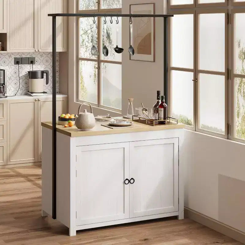 42 îlot de cuisine noir et naturel avec rangement, chariot de cuisine mobile avec comptoir en bois, étagères et crochets