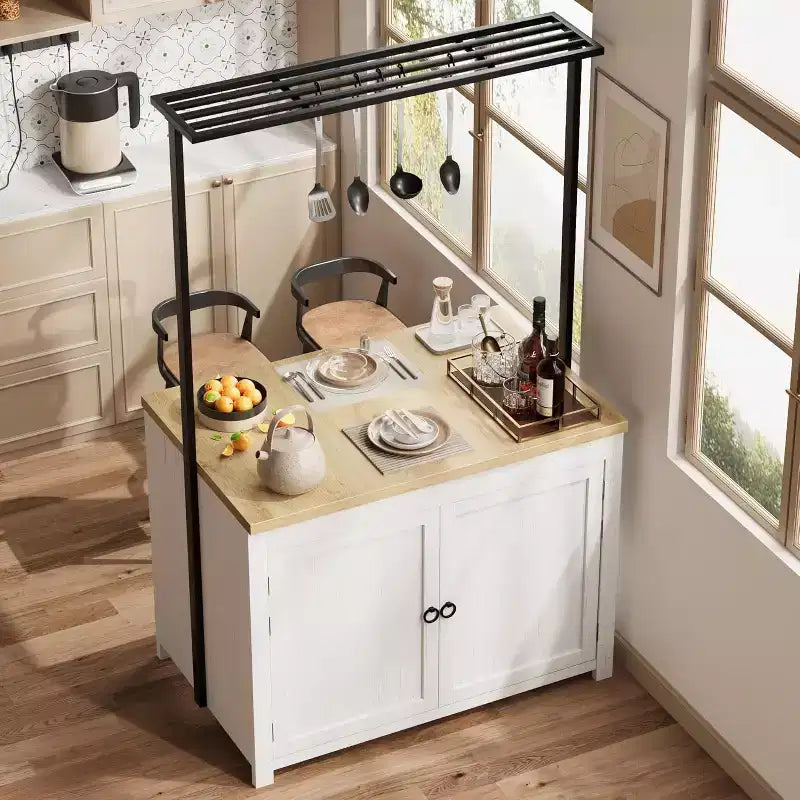 42 îlot de cuisine noir et naturel avec rangement, chariot de cuisine mobile avec comptoir en bois, étagères et crochets