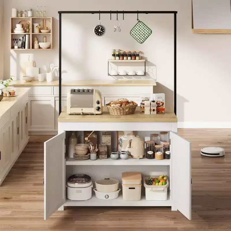 42 îlot de cuisine noir et naturel avec rangement, chariot de cuisine mobile avec comptoir en bois, étagères et crochets