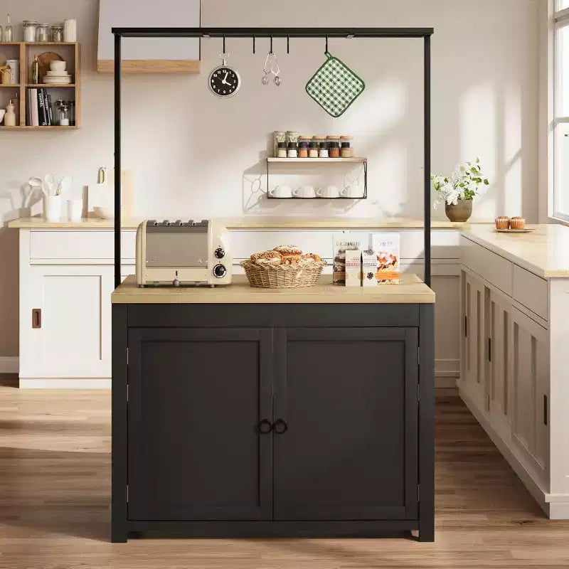 42 îlot de cuisine noir et naturel avec rangement, chariot de cuisine mobile avec comptoir en bois, étagères et crochets