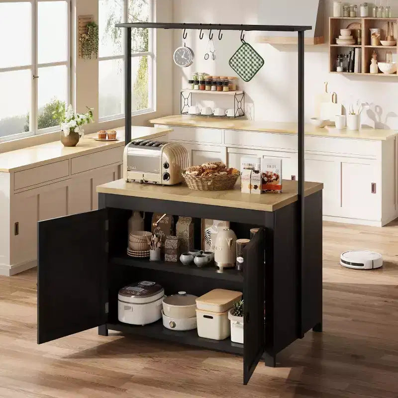 42 îlot de cuisine noir et naturel avec rangement, chariot de cuisine mobile avec comptoir en bois, étagères et crochets