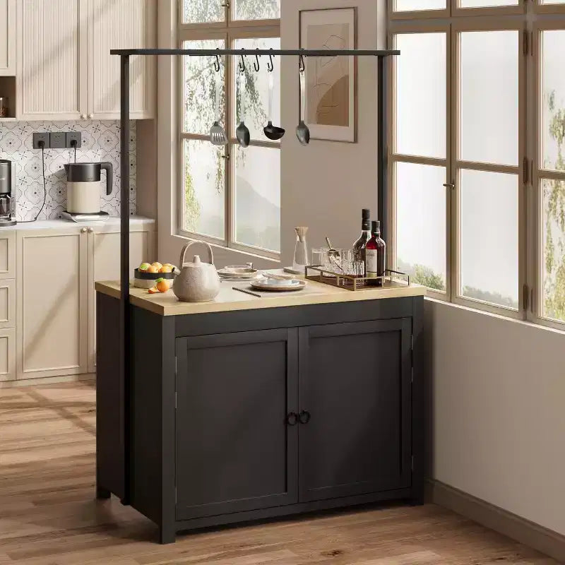 42 îlot de cuisine noir et naturel avec rangement, chariot de cuisine mobile avec comptoir en bois, étagères et crochets