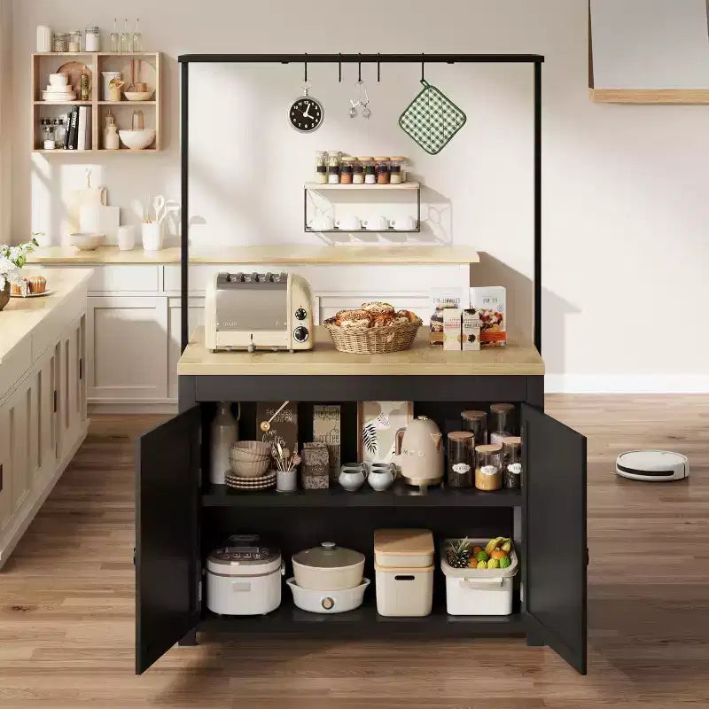 42 îlot de cuisine noir et naturel avec rangement, chariot de cuisine mobile avec comptoir en bois, étagères et crochets