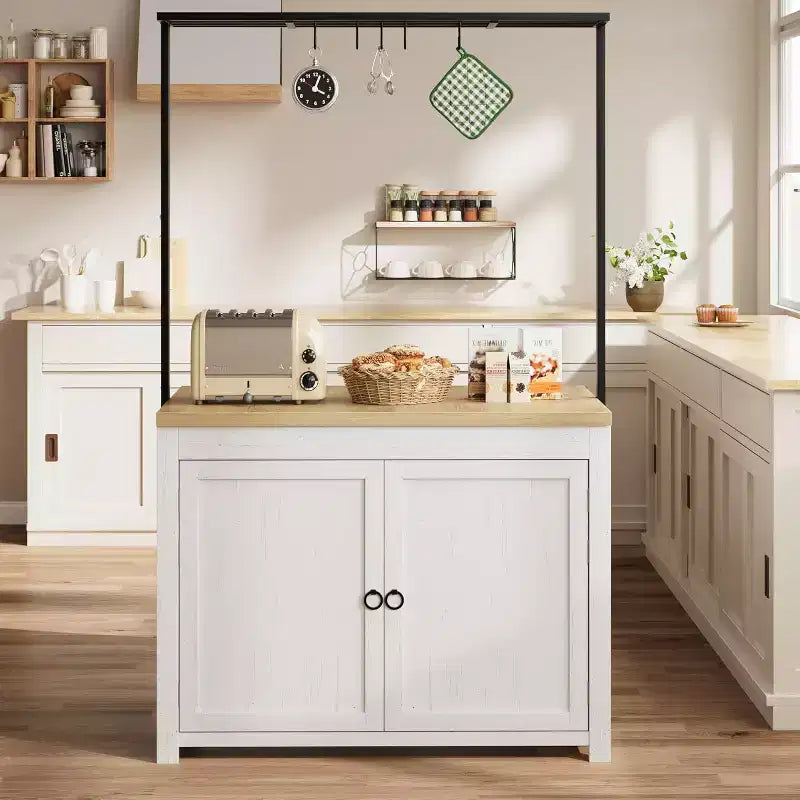 42 îlot de cuisine noir et naturel avec rangement, chariot de cuisine mobile avec comptoir en bois, étagères et crochets