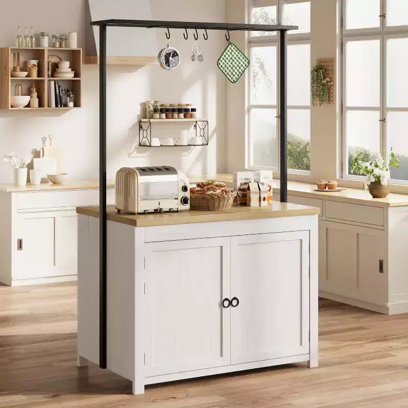 42 îlot de cuisine noir et naturel avec rangement, chariot de cuisine mobile avec comptoir en bois, étagères et crochets