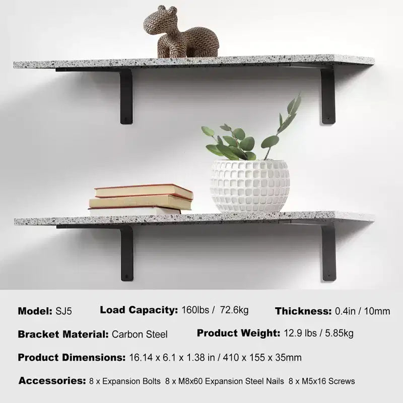Équerre d'étagère, 16 x 6 po, lot de 4, équerres d'étagère flottante robustes, équerres pour étagères, équerre d'étagère en L noir mat de 10 mm d'épaisseur, Noir