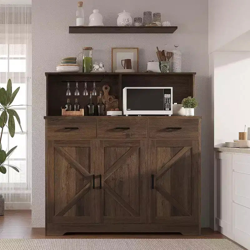 Buffet de 120 cm avec rangement, grand meuble de rangement en bois avec 3 portes, 3 tiroirs et 1 plateau, adapté pour la salle à manger, le salon