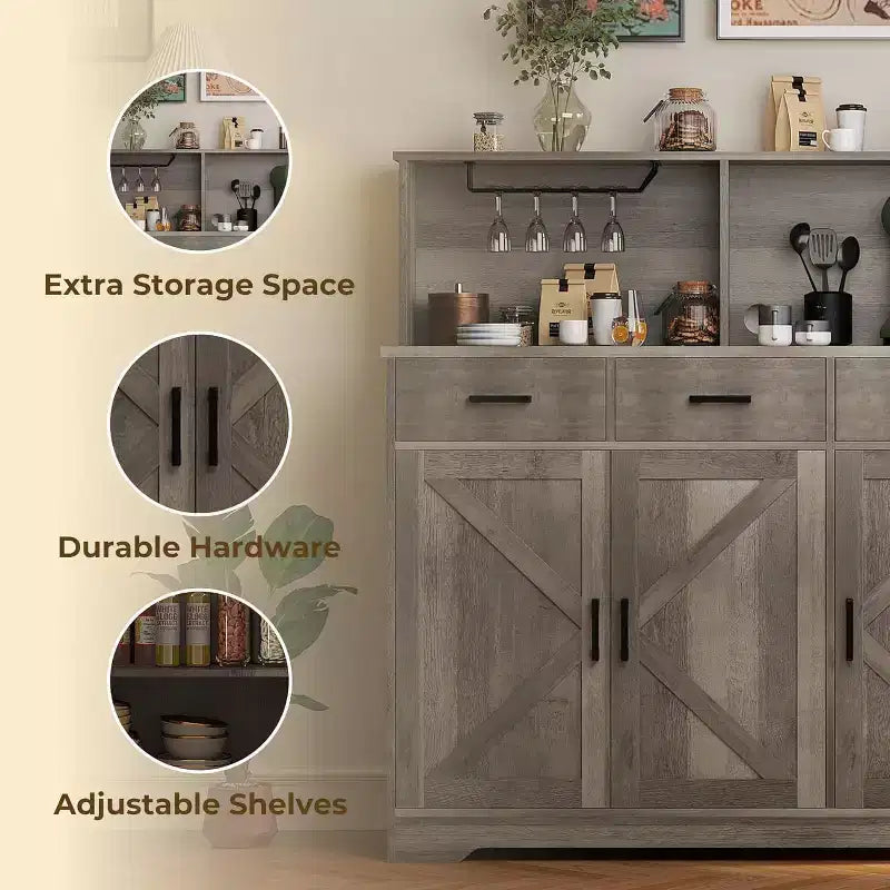 Buffet de 120 cm avec rangement, grand meuble de rangement en bois avec 3 portes, 3 tiroirs et 1 plateau, adapté pour la salle à manger, le salon