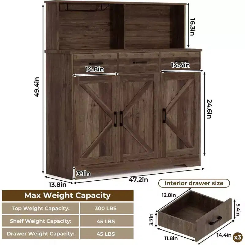 Buffet de 120 cm avec rangement, grand meuble de rangement en bois avec 3 portes, 3 tiroirs et 1 plateau, adapté pour la salle à manger, le salon