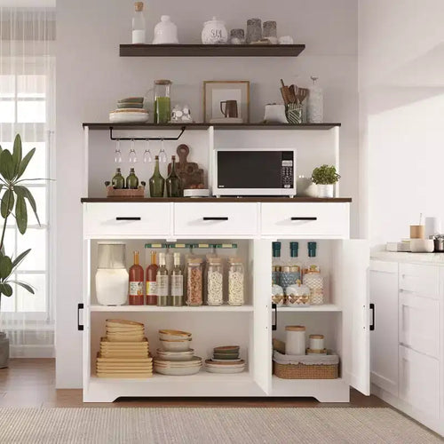 47.2 Sideboard with Storage, Wooden Large Storage Cabinet with 3 Doors, 3 Drawers and 1 Countertop, Suitable for Dining Room, Living Room