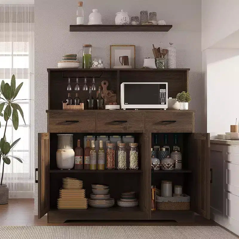 Buffet de 120 cm avec rangement, grand meuble de rangement en bois avec 3 portes, 3 tiroirs et 1 plateau, adapté pour la salle à manger, le salon