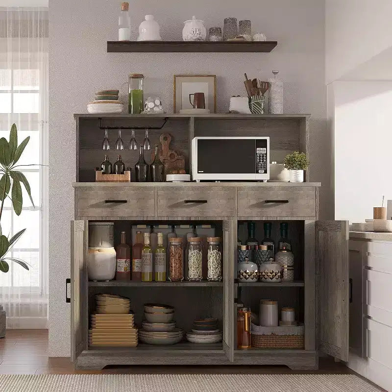 Buffet de 120 cm avec rangement, grand meuble de rangement en bois avec 3 portes, 3 tiroirs et 1 plateau, adapté pour la salle à manger, le salon