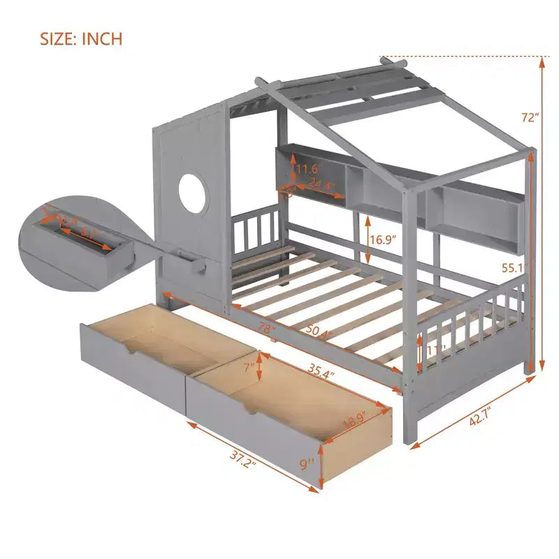Lit cabane jumeau avec tiroirs de rangement, Cadre de lit cabane pour enfants avec étagères, Joli lit cabane double en bois avec toit pour enfants, filles, garçons, Gris