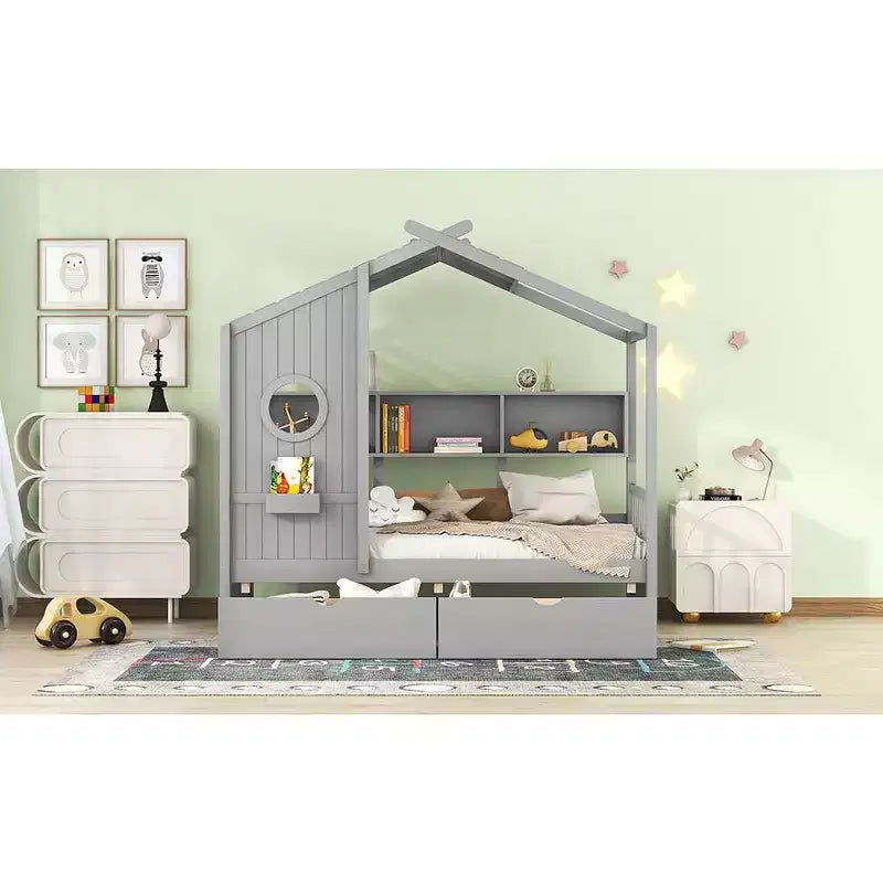 Lit cabane jumeau avec tiroirs de rangement, Cadre de lit cabane pour enfants avec étagères, Joli lit cabane double en bois avec toit pour enfants, filles, garçons, Gris