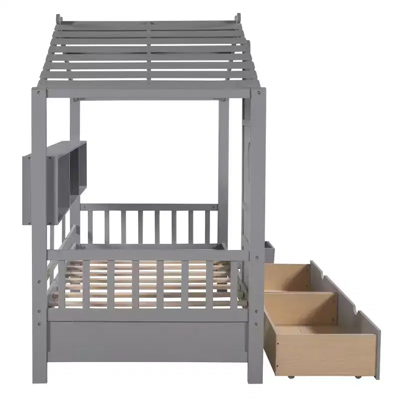 Lit cabane jumeau avec tiroirs de rangement, Cadre de lit cabane pour enfants avec étagères, Joli lit cabane double en bois avec toit pour enfants, filles, garçons, Gris